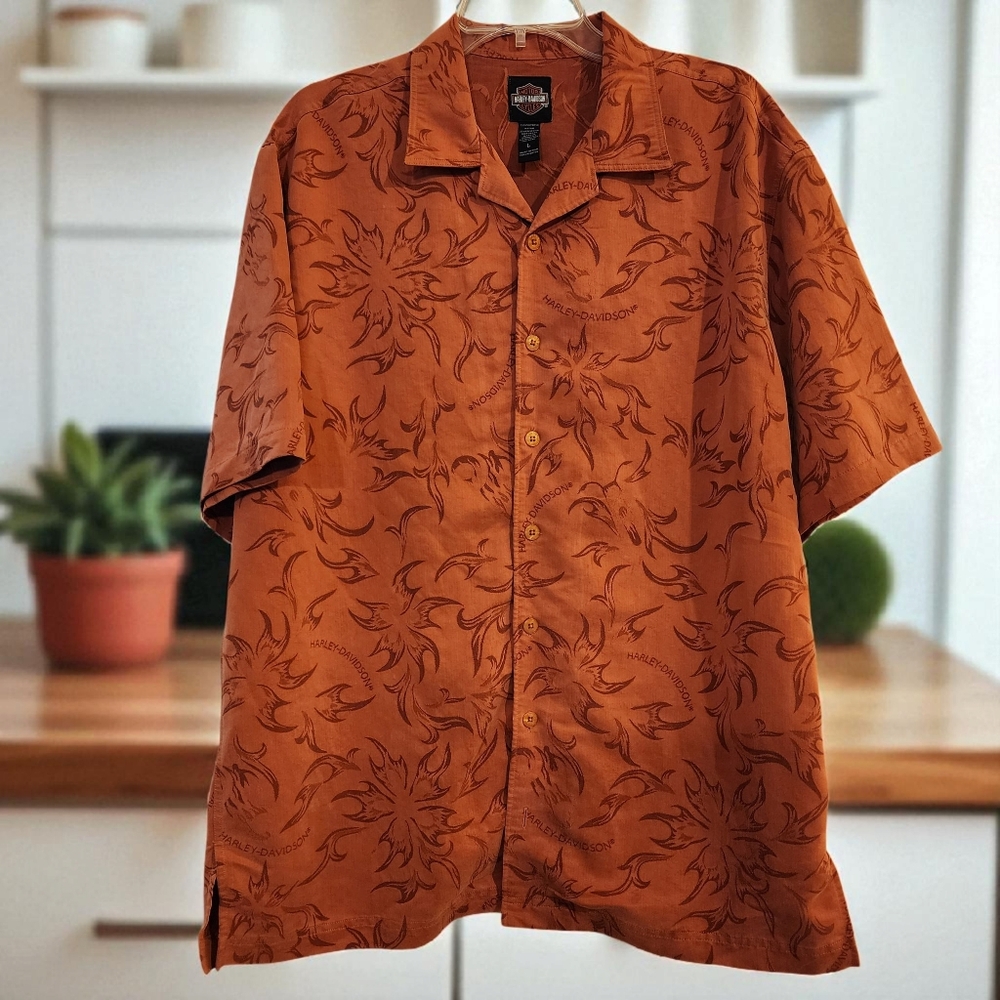 Harley Davidson Orange Short Sleeve Button-Up Shirt Rayon Blend Sz Large